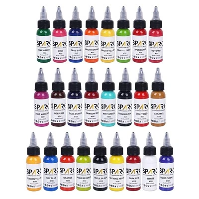 Spark 25 Set 1oz Premium orgánico Long permanente - Color duradero Tatuaje de tatuaje suave para el arte del cuerpo y tatuaje